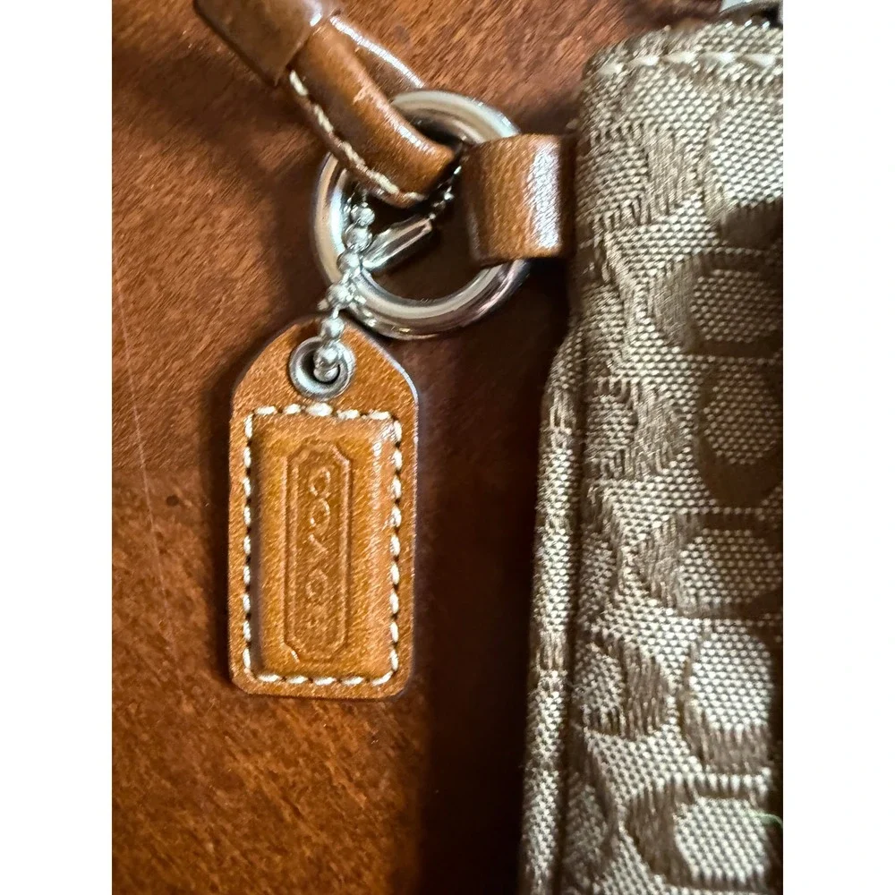 Coach Signature Jacquard Leather Buckle Wristlet Pouch Khaki Tan Silver Hardware